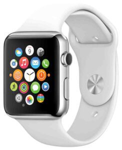 An apple watch with multicolored icons showing and a white strap