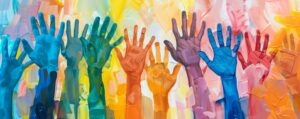 An abstract painted collage with rainbow-colored hands emerging from the bottom of the image.