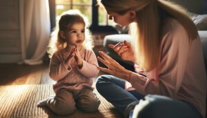 A blonde woman wearing a pink blouse and blue jeans signs to a blonde deaf toddler inside her bedroom. Both are seated on the floor.