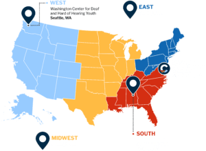 Regional Early Acquisition of Language REAL map with regions and office locations in different colors. The west is Clerc Center blue; the midwest is gold; the northeast is navy; and the south is red.