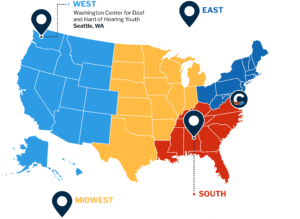 Regional Early Acquisition of Language REAL map with regions and office locations in different colors. The west is Clerc Center blue; the midwest is gold; the northeast is navy; and the south is red.