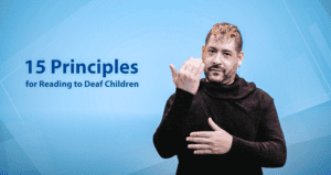 A man with short blonde hair and a beard wearing a black turtleneck signs into camera about the 15 Principles for Reading to Deaf Children, a lesson plan that is available in the Clerc Center Online Community.