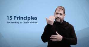 A man with short blonde hair and a beard wearing a black turtleneck signs into camera about the 15 Principles for Reading to Deaf Children, a lesson plan that is available in the Clerc Center Online Community.