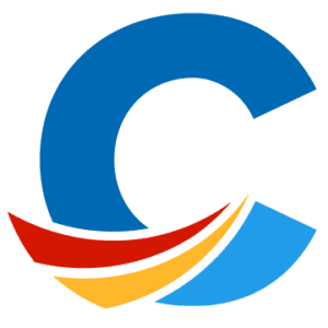 Clerc Center logo. A multicolored "C" with Clerc Center blue, MSSD red and Kendall gold.