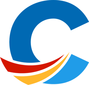Clerc Center logo. A multicolored "C" with Clerc Center blue, MSSD red and Kendall gold.