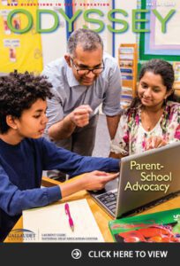 A deaf high shool student looks at a lap top with a family member and a teacher on the cover of the 2019 Odyssey magazine next to text that reads "Parent-School Advocacy"
