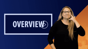 Stacy Abrams, Clerc Center project manager for early intervention, signs into camera wearing a black shirt and glasses next to a banner and play button that says "overview."