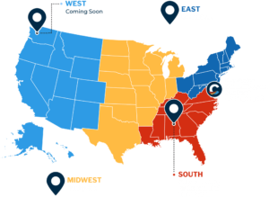 Regional Early Acquisition of Language REAL map with regions and office locations in different colors. The west is Clerc Center blue; the midwest is gold; the northeast is navy; and the south is red.