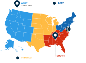 Regional Early Acquisition of Language REAL map with regions and office locations in different colors. The west is Clerc Center blue; the midwest is gold; the northeast is navy; and the south is red.