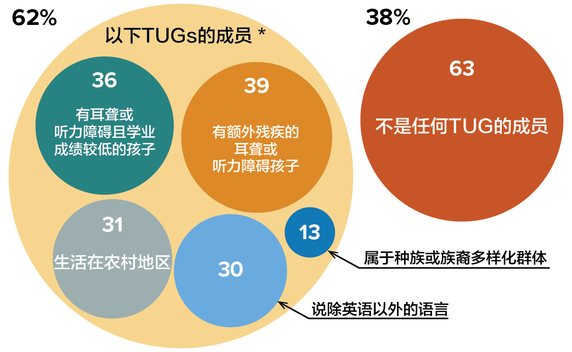显示认定为至少属于五个传统弱势群体(TUGs)之一的受访者总数的气泡图。